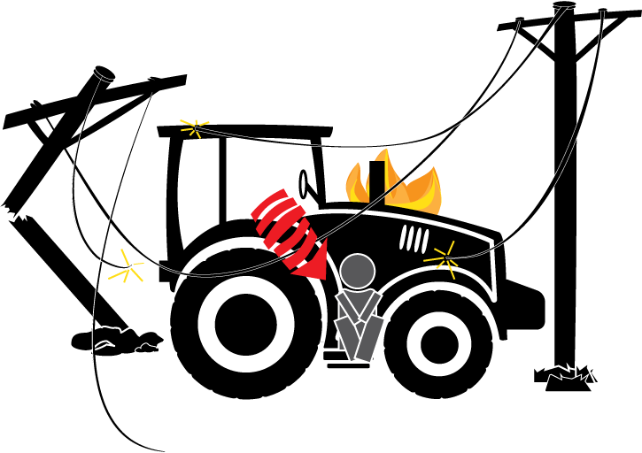 Tractor in power lines on fire and person exits tractor