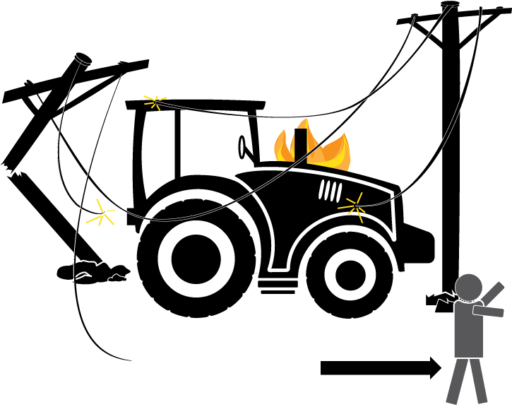 Tractor in power lines on fire and person is staying away from tractor